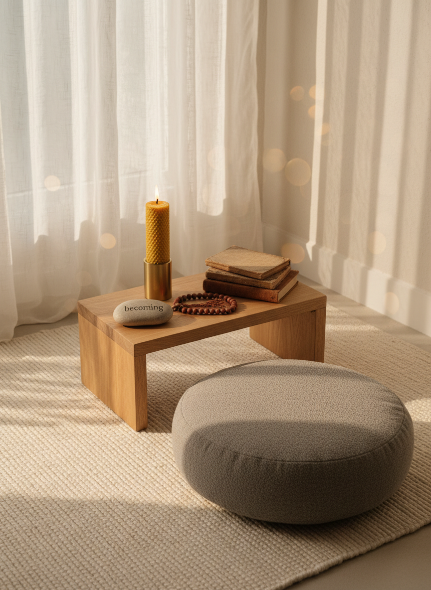 A meditation corner arranged on a pale woven rug features a round, stone-gray floor cushion, a low wooden altar table, and a single beeswax candle in a matte brass holder. A small stack of well-worn spiritual books and a string of wooden mala beads rests beside a smooth river stone engraved with the word “becoming.” Soft late-afternoon light filters through sheer curtains, creating a gentle, golden wash across the scene and faint bokeh patterns on the wall. The composition follows the rule of thirds, photographed from a slightly elevated angle, with photographic realism and a serene, sophisticated mood that invites introspection and spiritual grounding.