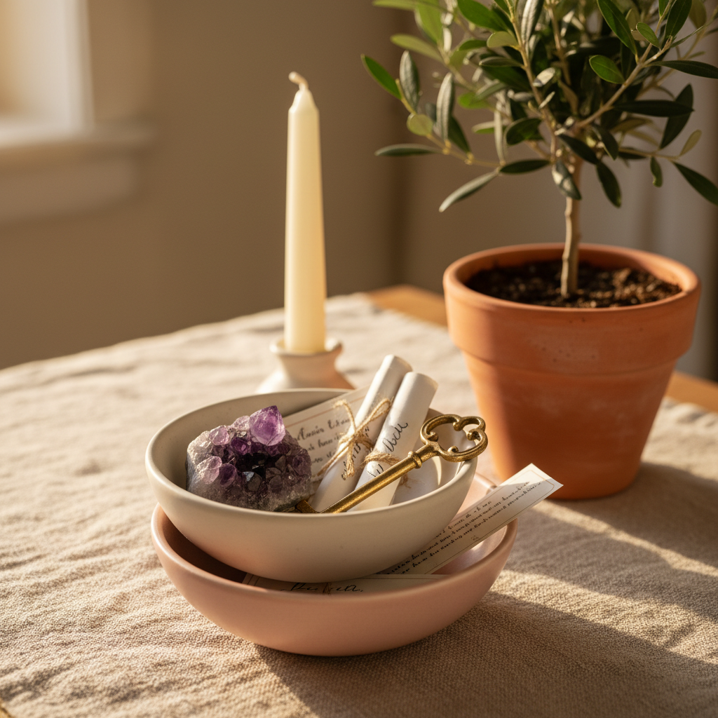 A pair of delicate stacking ceramic bowls in soft off-white and blush tones rest on a natural linen cloth, each filled with symbolic objects: a polished amethyst cluster, tiny handwritten affirmation cards, and a single golden key. Behind them stands a slender, unlit taper candle and a small, potted olive tree in a textured clay pot. Gentle golden hour sunlight streams in from the side, catching the crystal facets and casting intricate, subtle reflections across the linen. The scene is photographed in photographic realism at a slightly elevated angle with a shallow depth of field, creating a serene, sacred atmosphere that hints at the layered, evolving journey of self-discovery and motherhood.