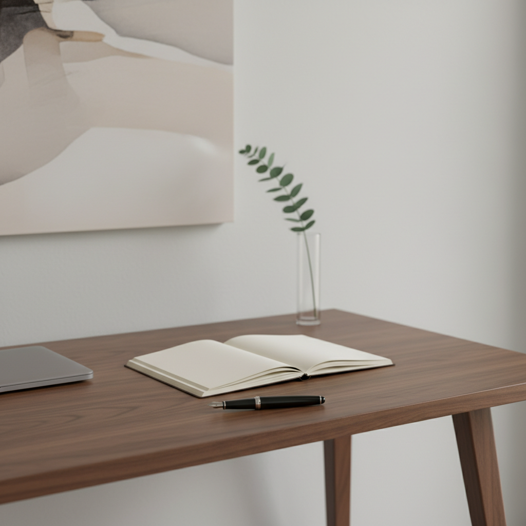 A minimalist writing desk of warm walnut wood stands against a muted, chalky white wall, holding a sleek fountain pen, an open notebook, and a single sprig of eucalyptus in a narrow glass vase. A laptop is closed to one side, symbolizing pause and reflection. Outside the frame, soft overcast daylight drifts in from a nearby window, producing even, shadowless illumination and gentle reflections on the pen’s ink-black lacquer. The background subtly reveals a blurred abstract painting in soothing neutrals. Photographed in photographic realism from a three-quarter angle with clean, modern composition and moderate depth of field, conveying a mood of focused, sophisticated contemplation and the quiet discipline of personal growth.